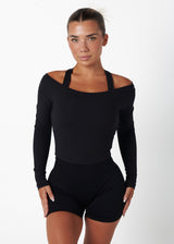 RIBBED OFF SHOULDER LONG SLEEVE - BLACK