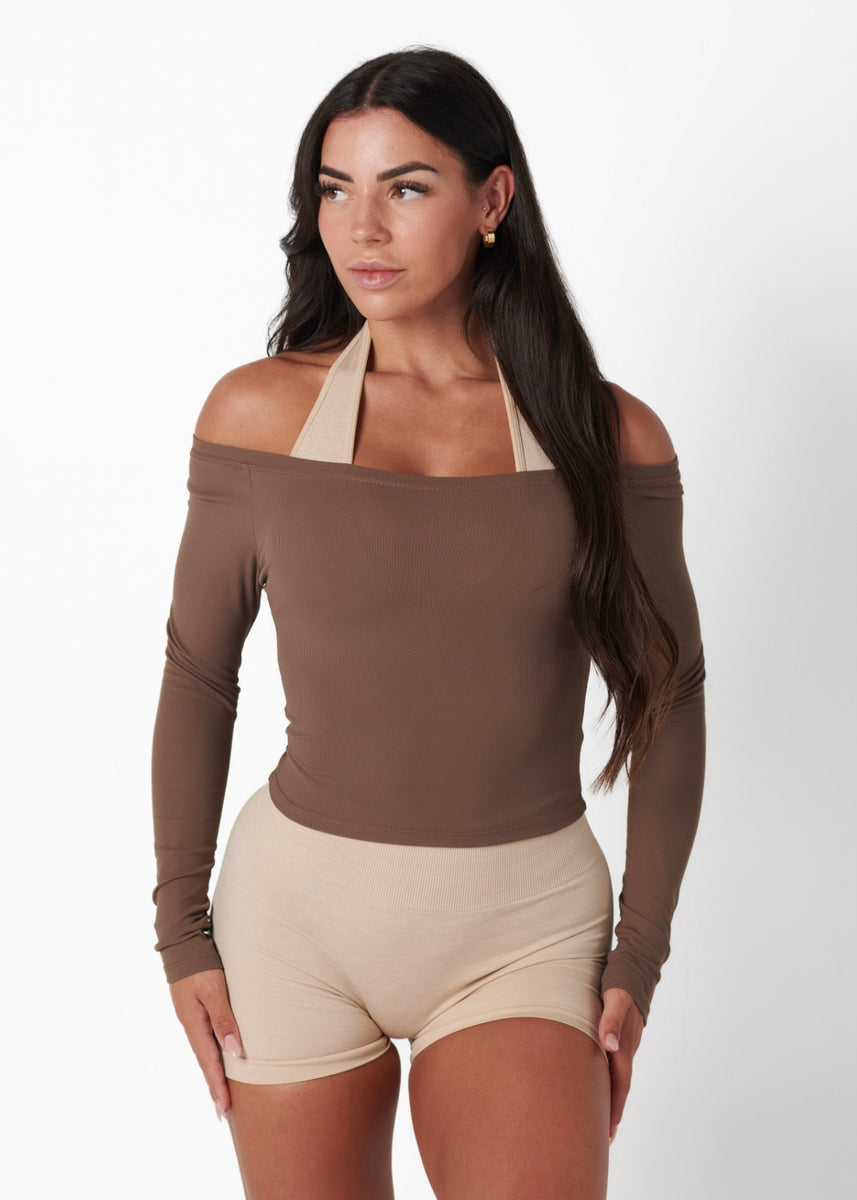 RIBBED OFF SHOULDER LONG SLEEVE - OAK